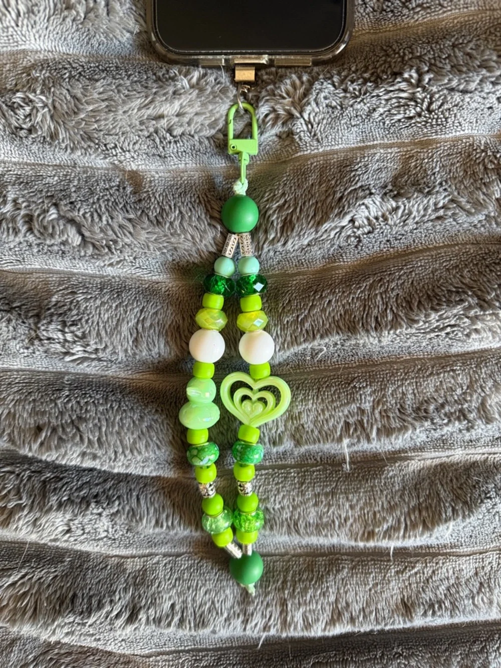 Green Beaded Phone Charm Strap with Heart Accent - Unbranded